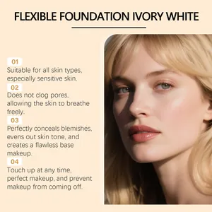 Detail showing ivory white foundation finish on model with product features list