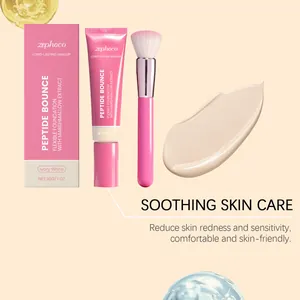 Detailed view of Zephoco peptide bounce foundation tube with professional pink makeup brush