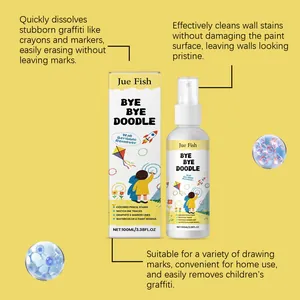 Vue détaillée du spray et de la boîte de nettoyant graffiti Jue Fish avec infos.