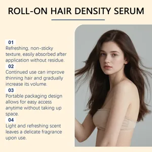 Roll-on hair density serum detail showing refreshing texture and portable packaging design