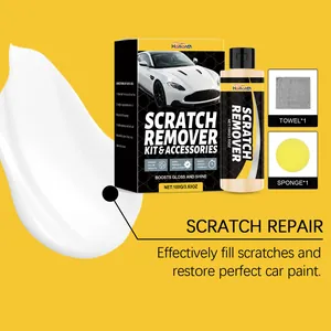 Detalle del kit removedor de arañazos para coche incluyendo pasta, esponja y toalla