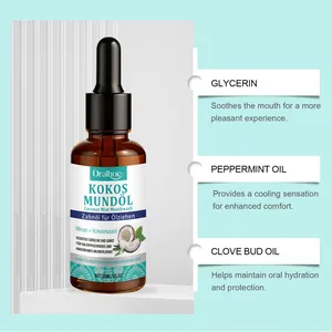 Details zu Kokos-Minz-Mundspülöl mit Inhaltsstoffen wie Glycerin und Pfefferminzöl.