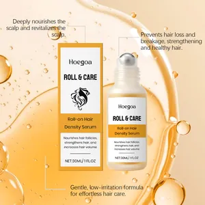 Macro view of Hoegoa hair density serum bottle with stainless steel roll-on applicator