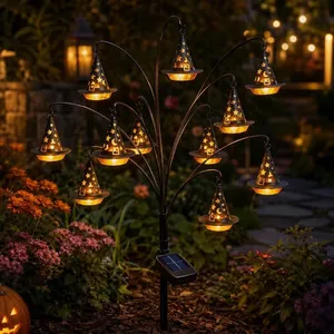 Outdoor solar powered Halloween garden stake lights with luminous witch hat lanterns