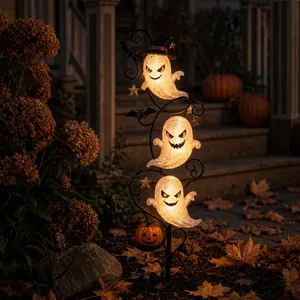 Solar Powered Halloween Ghost Garden Stake Lights Outdoor Waterproof Three Headed Ghost With Wizard Hat Pumpkin Decor
