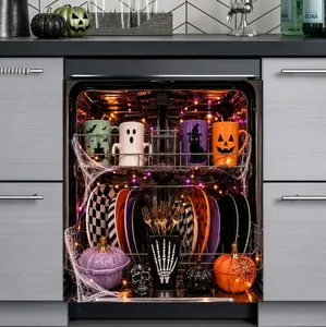 Vue détaillée d'un sticker de lave-vaisselle Halloween avec mugs effrayants et citrouilles