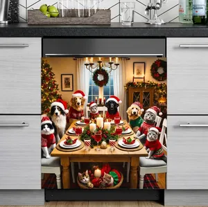 Autocollant de lave-vaisselle de Noël festif avec chiens et chats à un dîner de fête