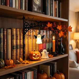 Primo piano di una lanterna fantasma con staffa ragnatela su uno scaffale di Halloween.