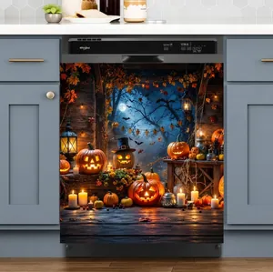 Autocollant Halloween pour lave-vaisselle avec citrouilles lumineuses et forêt hantée