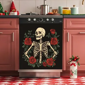 Autocollant lave-vaisselle Halloween avec squelette et roses rouges en cuisine