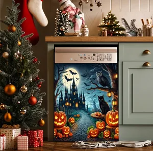 Autocollant de lave-vaisselle d'Halloween avec château hanté et citrouilles lumineuses