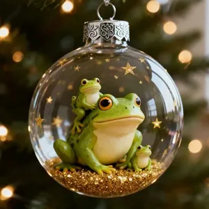 Vista detallada de una bola de Navidad transparente con ranas verdes lindas y purpurina dorada.