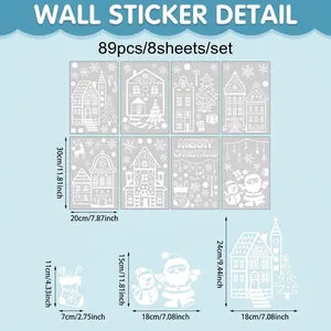 Schéma dimensionnel détaillé pour le lot de 89 stickers muraux village de Noël blanc