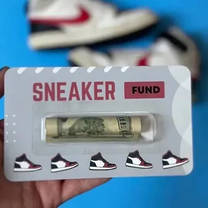 Detailed view of a creative Sneaker Fund cash card gift holder designed for money gifts