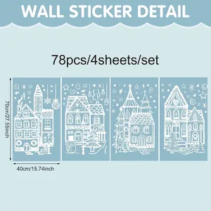 Détail des stickers muraux village de Noël avec dimensions et ensemble de 4 feuilles