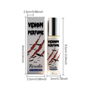 Dimensiones detalladas del perfume Roxelis Venom de 10 ml con frasco y caja exterior