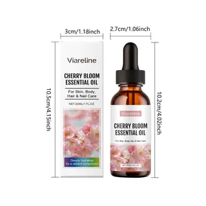 Detalle de las dimensiones del frasco y caja de aceite esencial de flor de cerezo Viareline