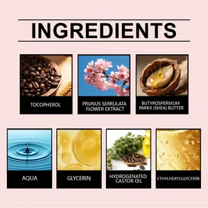 Detalle de ingredientes del aceite de Sakura incluyendo manteca de karité y extracto de flores