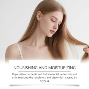 Vista detallada de aceite nutritivo mostrando cabello y piel sanos e hidratados