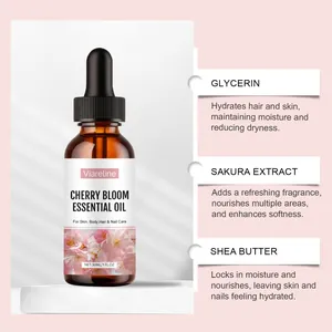 Detalle del aceite Viareline Cherry Bloom con lista de ingredientes clave