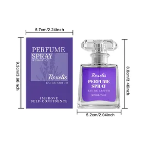 Gedetailleerde afmetingen van 30ml lavendel parfum spray in paarse fles en doos.