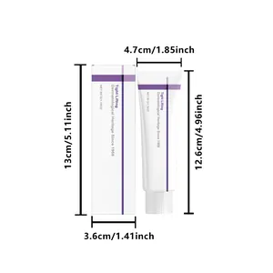 Technische tekening met de afmetingen van de 50g gezichtscrème tube en doos in cm en inch