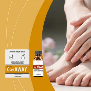 Fungus Gone Away nail care liquid with box packaging shown against healthy feet.