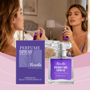 Elegante paarse lavendel parfum sprayfles met kristallen dop en doos verpakking.