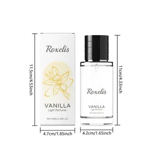 Dimensions détaillées du flacon de parfum Vanilla Light 50ml et de sa boîte blanche