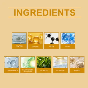 Detailed ingredients chart of nourishing nail care liquid with tea tree oil and glycerin