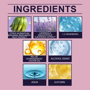 Macro-overzicht van ingrediënten van lavendelparfum met botanische extracten en glycerine
