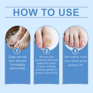 How to use toenail care patches guide showing clean, apply, and remove steps.