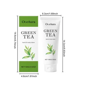 Detailed dimension overview of OceAura Green Tea hand and body lotion and packaging
