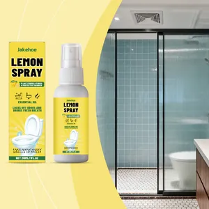 Jakehoe 30ml citroen toiletverfrisser spray getoond met een moderne badkamer achtergrond.