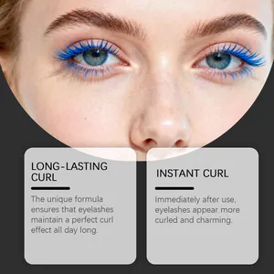 Gros plan de mascara bleu vif sur cils recourbés avec détails d'effet longue durée.