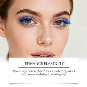 Gros plan détaillé montrant l'effet du mascara bleu sur de longs cils recourbés pour un look