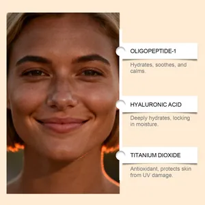Detail showing ingredients like Hyaluronic Acid and Oligopeptide-1 for hydrating foundation