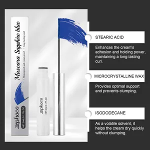 Vue détaillée du mascara bleu saphir montrant les ingrédients pour une courbe durable.