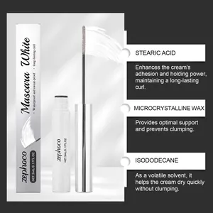 Vue détaillée des ingrédients du mascara blanc zephoco pour obtenir une courbe durable