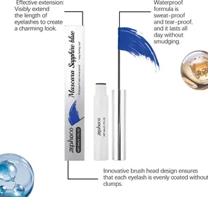 Mascara bleu saphir Zephoco avec tête de brosse innovante et formule imperméable.