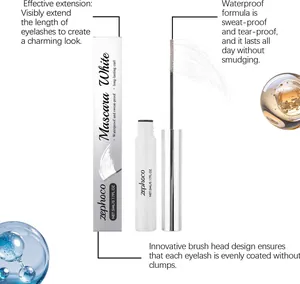 Détails du mascara blanc Zephoco avec formule imperméable et brosse de précision.