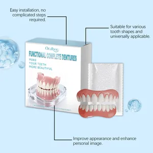 Detailed view of the functional complete dentures set with natural-looking resin teeth