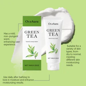 Detail view of OceAura Green Tea body lotion tube and packaging with creamy texture.