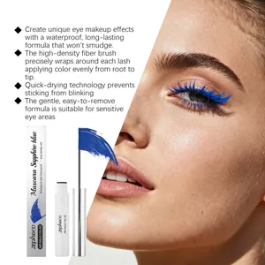 Détail du mascara bleu saphir Zephoco montrant la brosse en fibres et l'effet maquillage.
