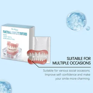 Detailed macro view of Oralhoe functional dentures set including packaging and gel.