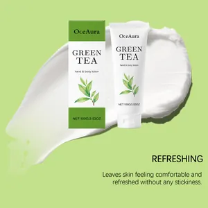 Detailed macro view of OceAura Green Tea hand lotion tube and box with creamy texture smear
