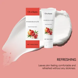Nahaufnahme der OceAura Granatapfel-Bodylotion-Textur und der Verkaufsverpackung