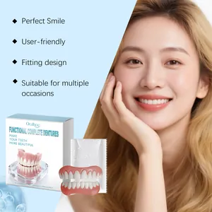 Detail view of cosmetic denture kit with smiling Asian model and product packaging