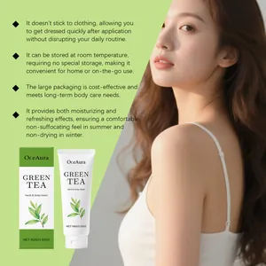 OceAura Green Tea body lotion detailing moisturizing benefits with an Asian female model