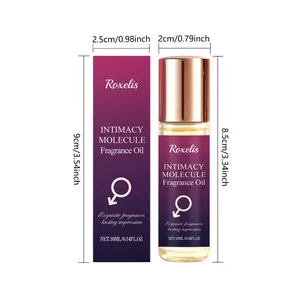 Detailliertes Maßdiagramm für 10 ml Roxelis Intimacy Molecule Parfümöl Flasche und Box